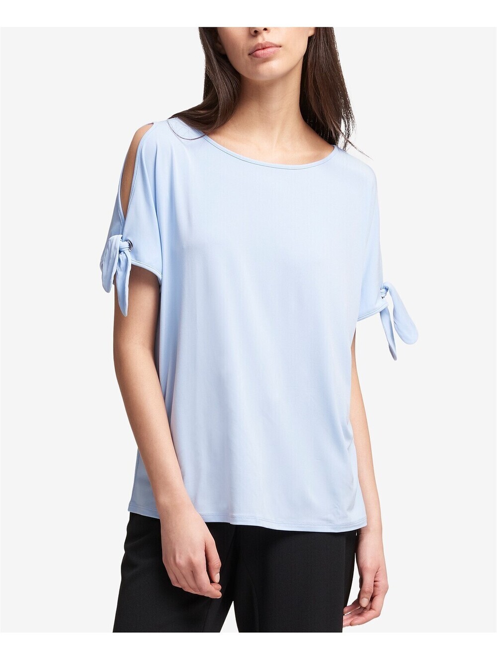 DKNY Womens Cold Shoulder Boat Neck Pullover Top Blue L Size L